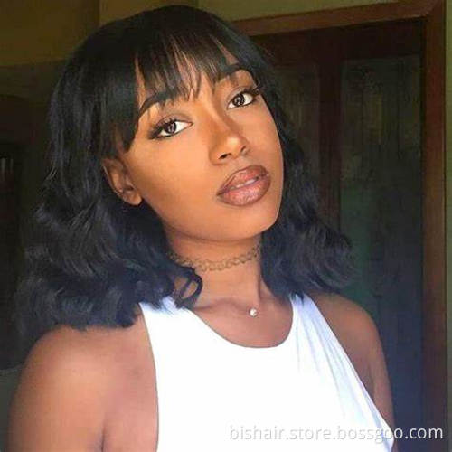 Wholesale Scalp Top Full Machine Made Wig With Bangs Brazilian Remy Short Bob Wave Human Hair Wigs With 8-16 inch 150% Density